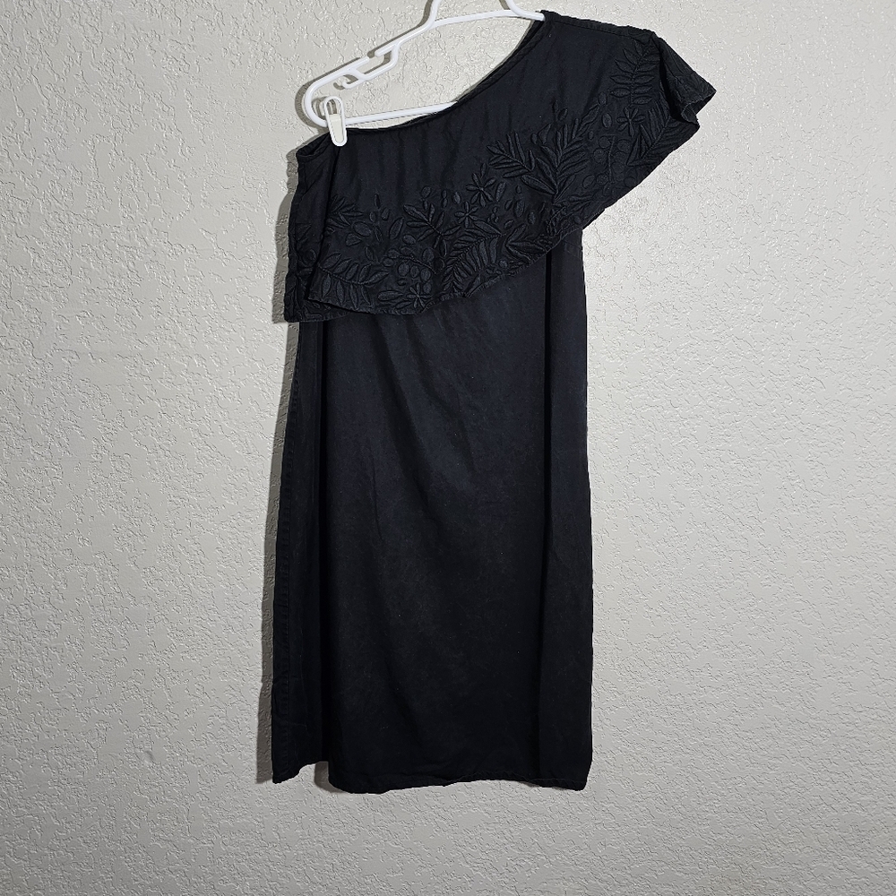 Mara Hoffman Solid Black Floral Stiched One Shoulder Dress